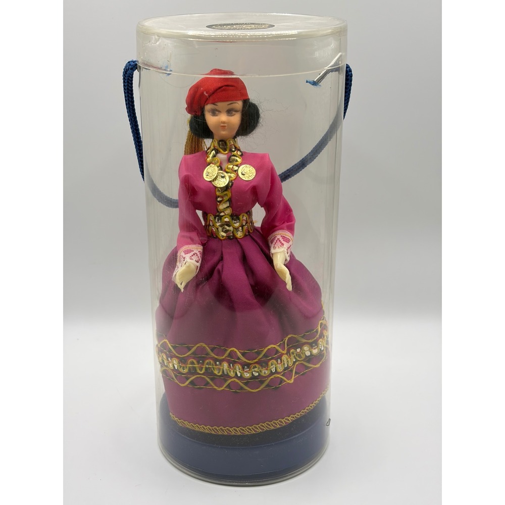 Vintage Evelt Greece Souvenir Doll Traditional Folk Costume Magenta Gold Coins